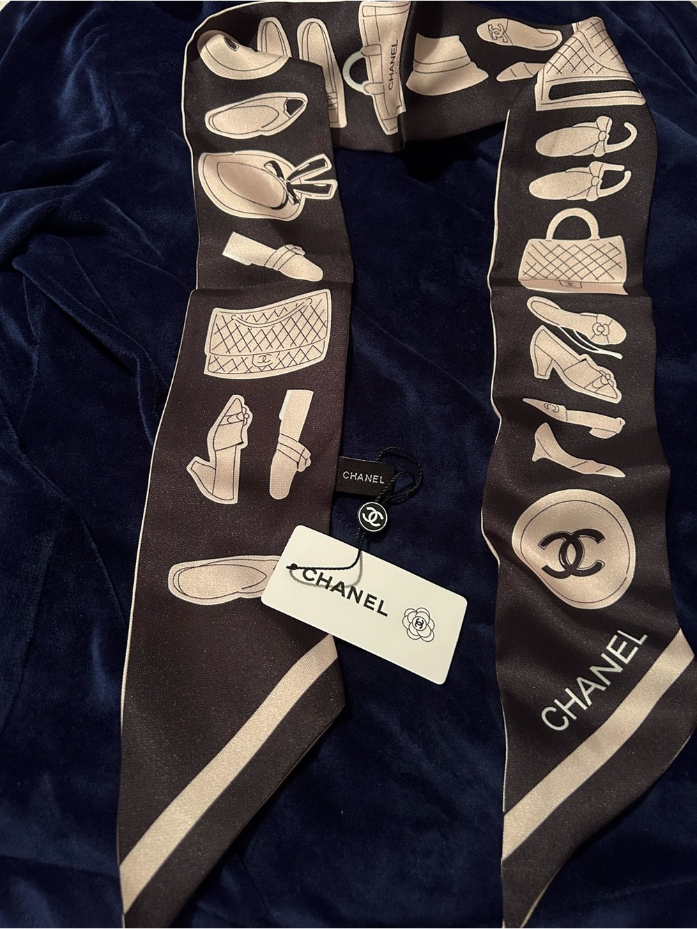 CHANEL Black and Cream 100% Silk Twilly with Iconic Motifs!